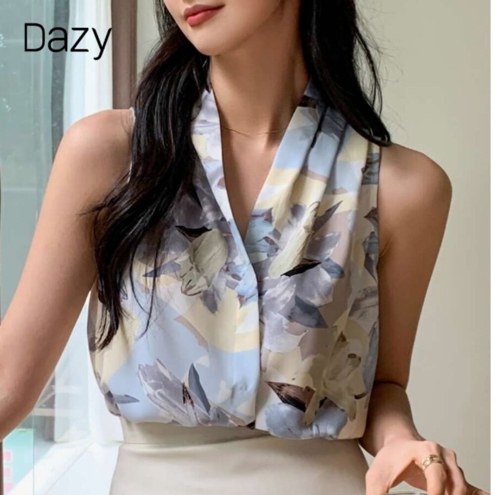 Floral Print Ruched V-Neck Blouse, Sleeveless , M